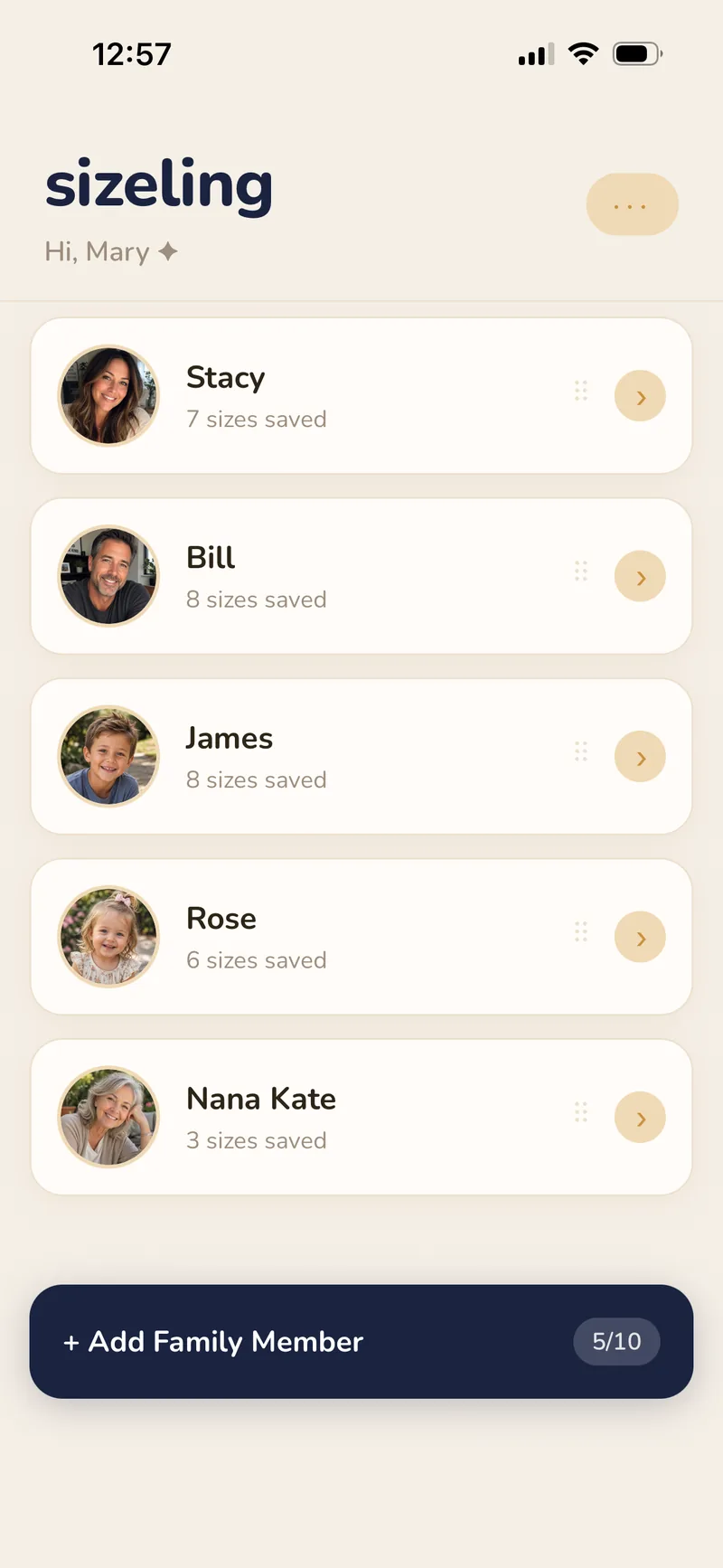 Sizeling’s family list with everyone’s saved sizes