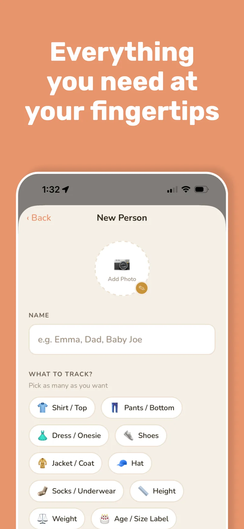 Everything you need at your fingertips: choose the size categories to track