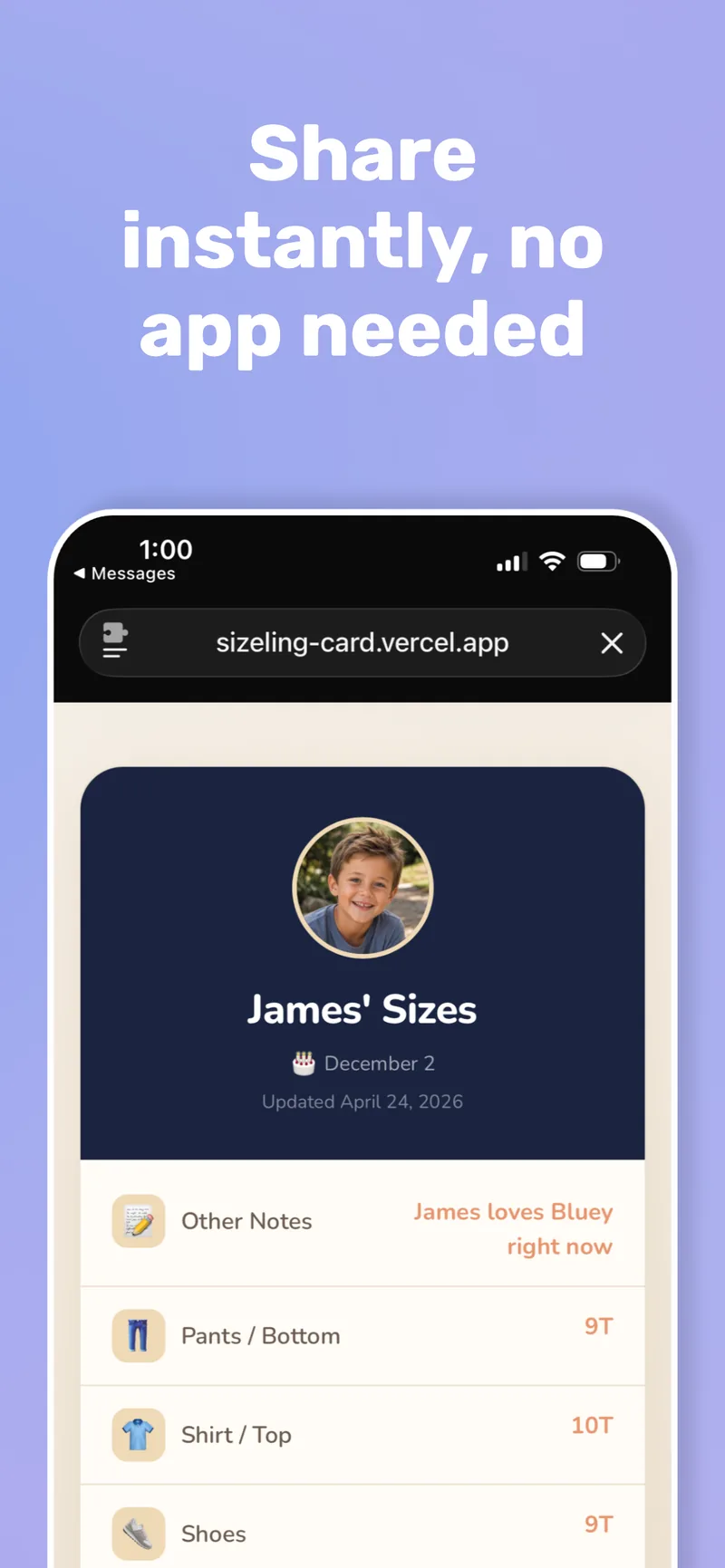 Share instantly, no app needed: send a size card that opens on the web