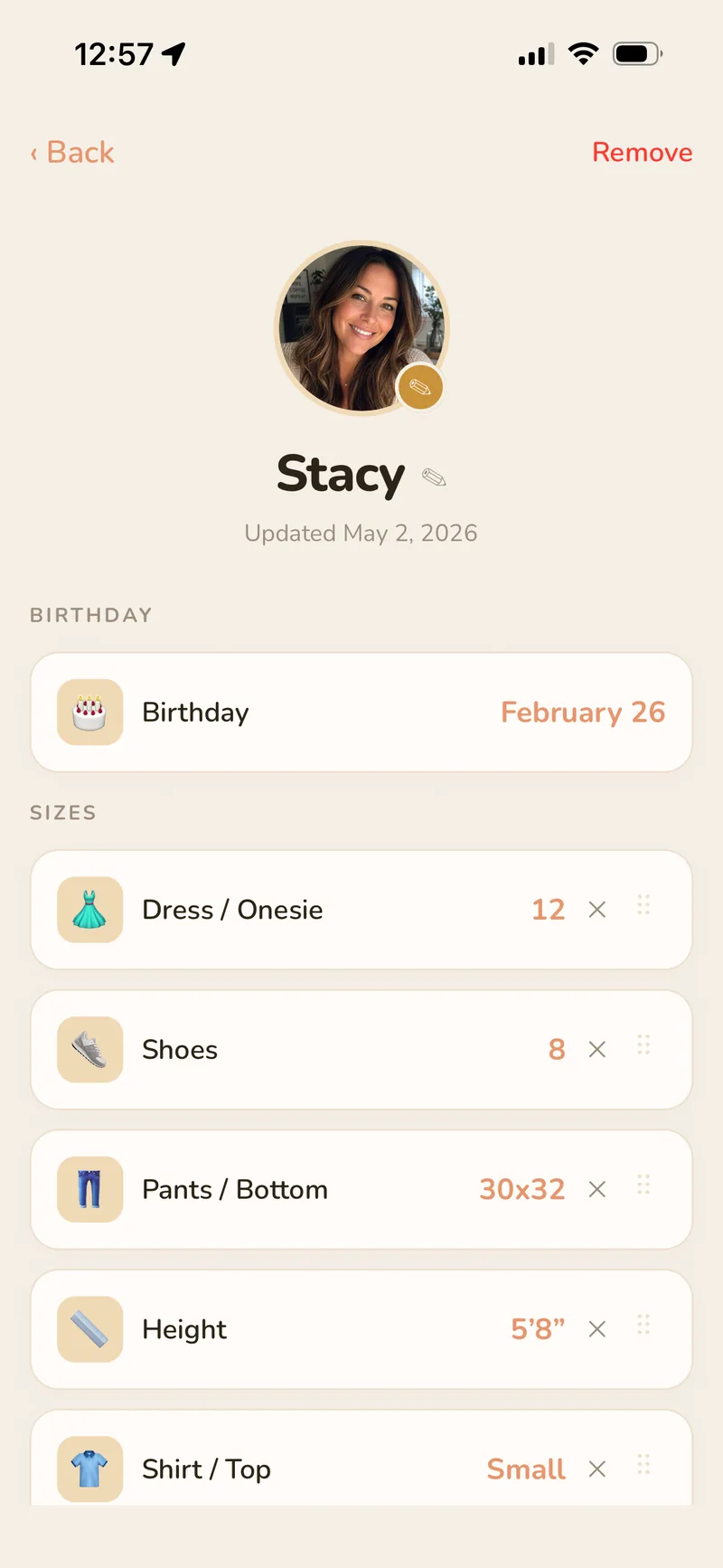 A Sizeling profile with clothing, shoe sizes, and birthday